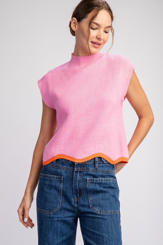 Pink Mock Neck Scallop Sweater