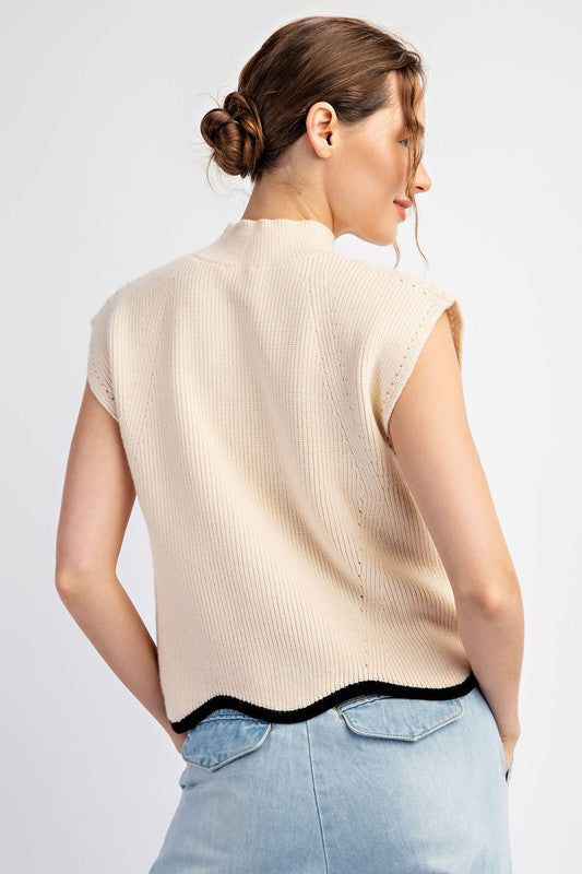 Oatmeal Mock Neck Scallop Trim Sweater