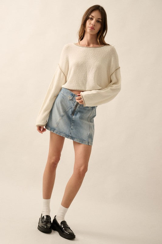 Cream Loose Knit Seam Crop Sweater