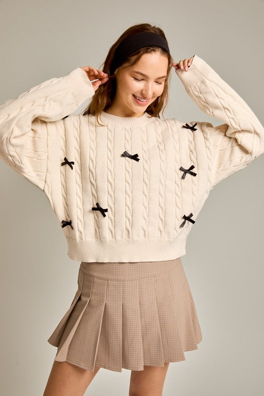 Cream Bow Detail Cable Sweater