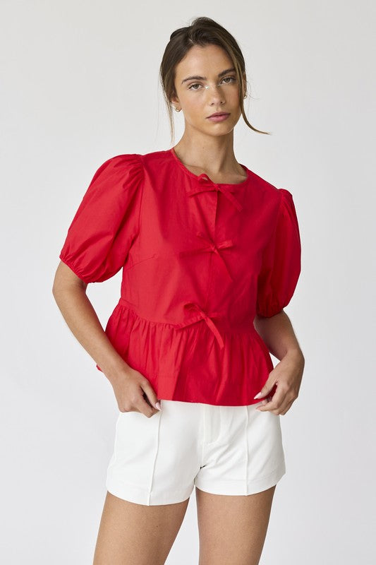 Red Hailey Bow Tie Detail Top