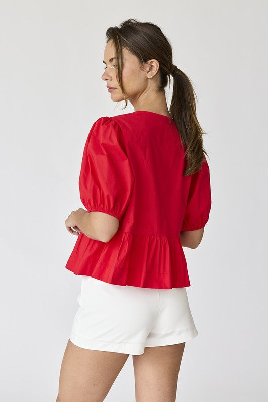 Red Hailey Bow Tie Detail Top