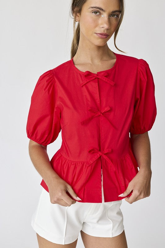 Red Hailey Bow Tie Detail Top