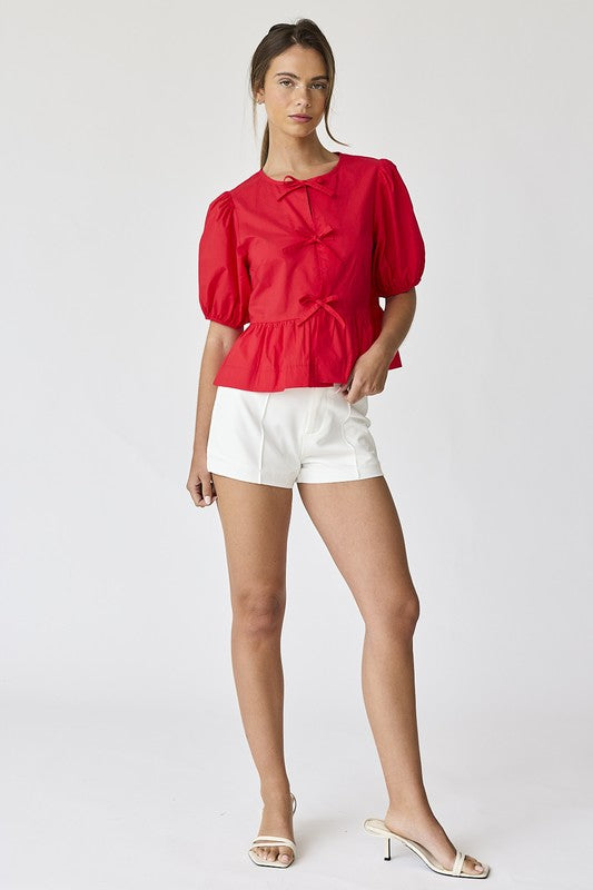 Red Hailey Bow Tie Detail Top