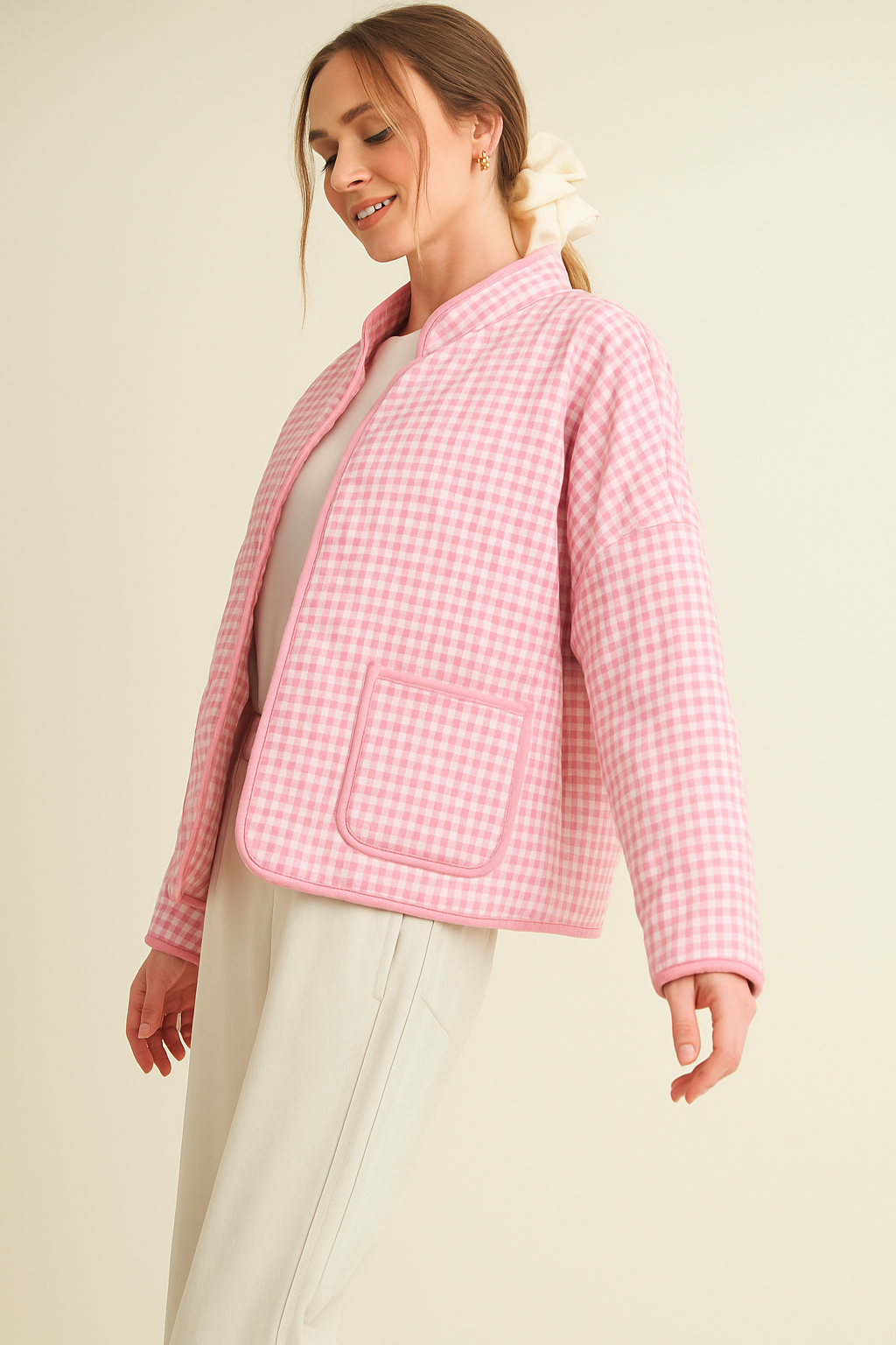 Pink Quilted Gingham Jacket — color: pink gingham with pink trim and quilted throughout