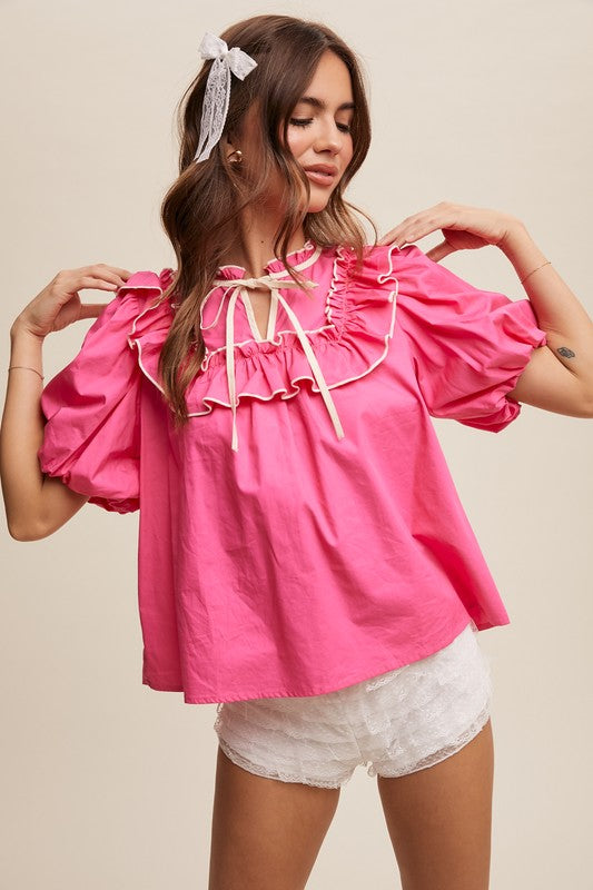 Hot Pink Ruffle Puff Sleeve Top