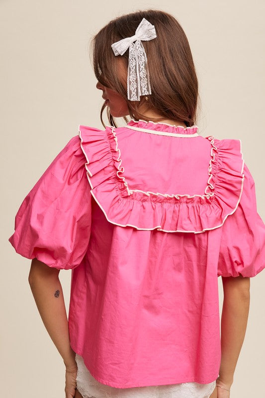 Hot Pink Ruffle Puff Sleeve Top