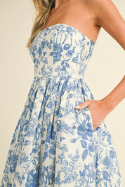 Blue Printed Strapless Dress