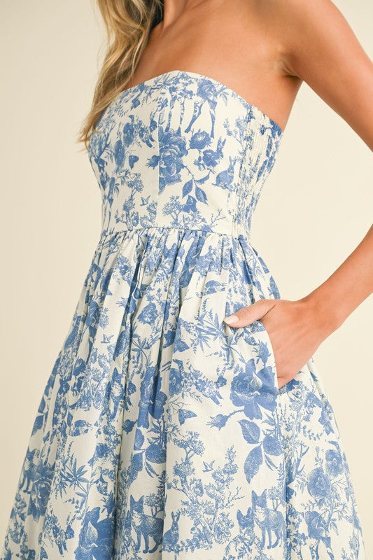 Blue Printed Strapless Dress