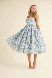 Blue Printed Strapless Dress
