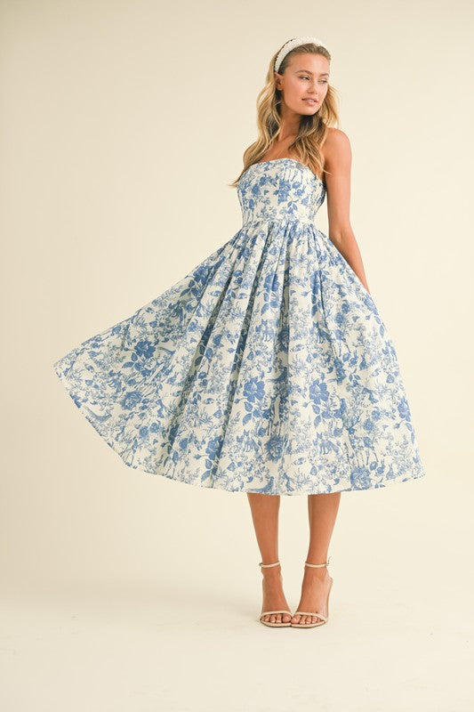 Blue Printed Strapless Dress