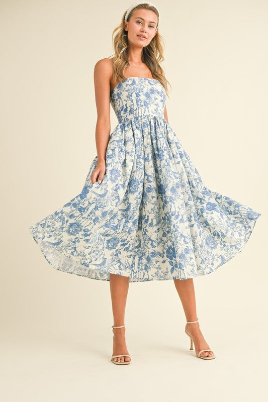 Blue Printed Strapless Dress