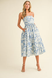 Blue Printed Strapless Dress