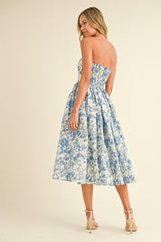 Blue Printed Strapless Dress
