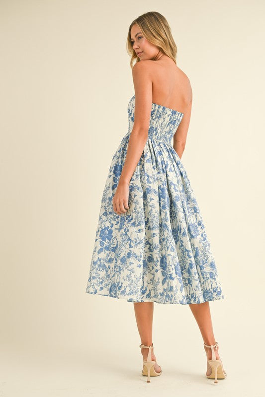 Blue Printed Strapless Dress
