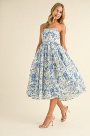 Blue Printed Strapless Dress
