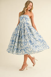Blue Printed Strapless Dress