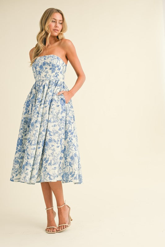 Blue Printed Strapless Dress