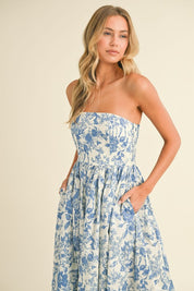Blue Printed Strapless Dress