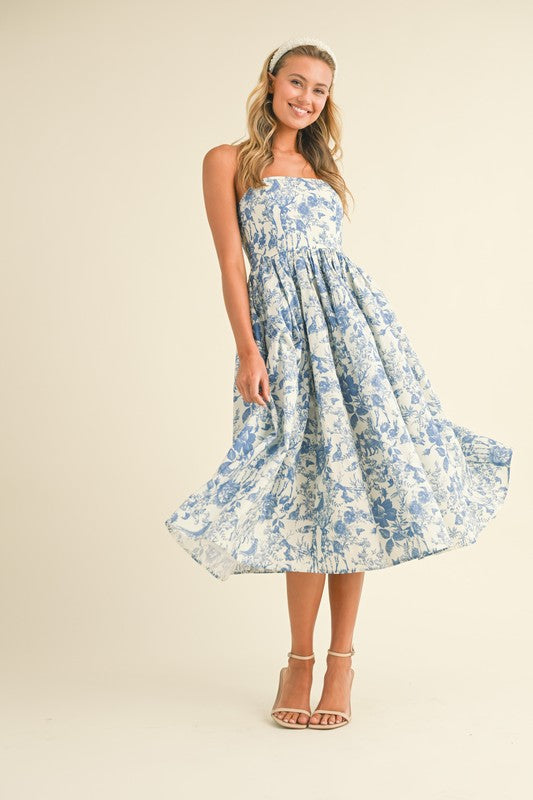 Blue Printed Strapless Dress