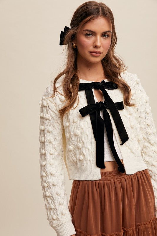 Bow Tie Closure Cable Knit Cardigan