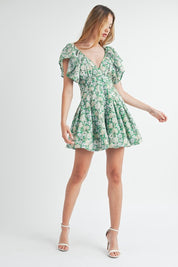 Green Floral Flutter Sleeve Mini Dress