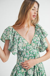Green Floral Flutter Sleeve Mini Dress