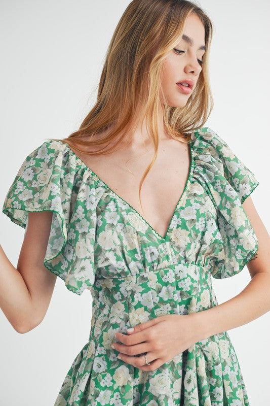 Green Floral Flutter Sleeve Mini Dress
