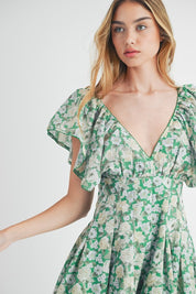 Green Floral Flutter Sleeve Mini Dress