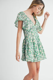 Green Floral Flutter Sleeve Mini Dress