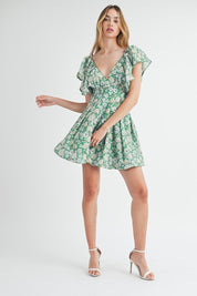 Green Floral Flutter Sleeve Mini Dress