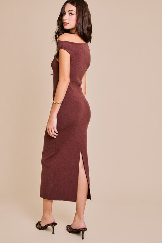 Brown Asymmetrical Neck Dress