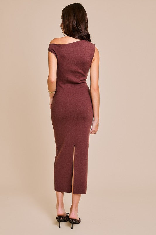 Brown Asymmetrical Neck Dress