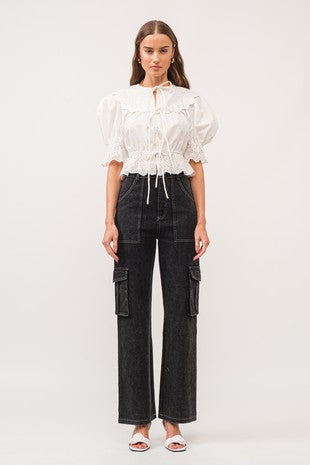 Off- White Embroidered Short Sleeve Blouse With Front Ties