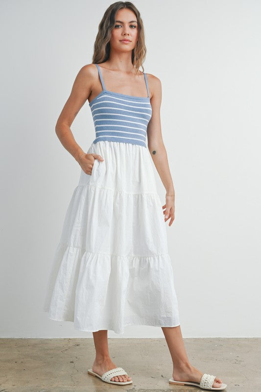 Blue and White Tiered Maxi Dress