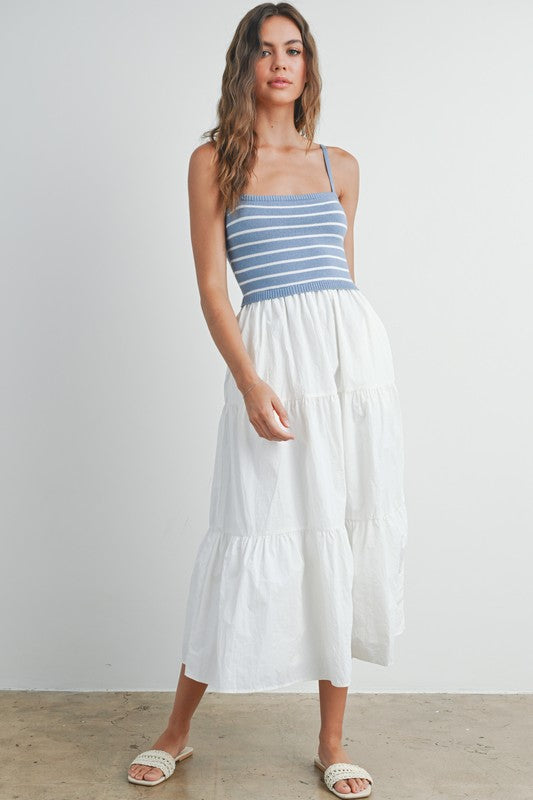 Blue and White Tiered Maxi Dress