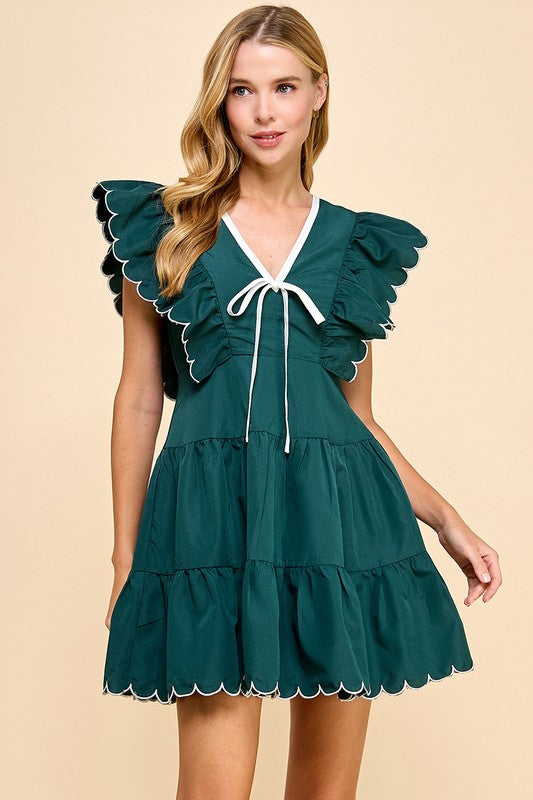 Hunter Green V-Neck Bow Detail Dress