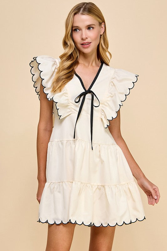 White V-Neck Bow Detail Dress