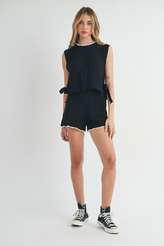 Black Side Tie Knit Vest & Short Set