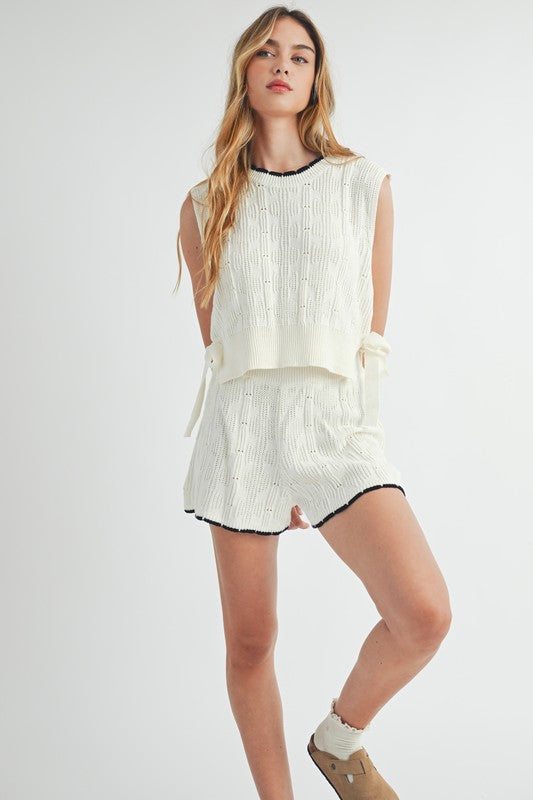 Cream Side Tie Knit Vest Top & Shorts