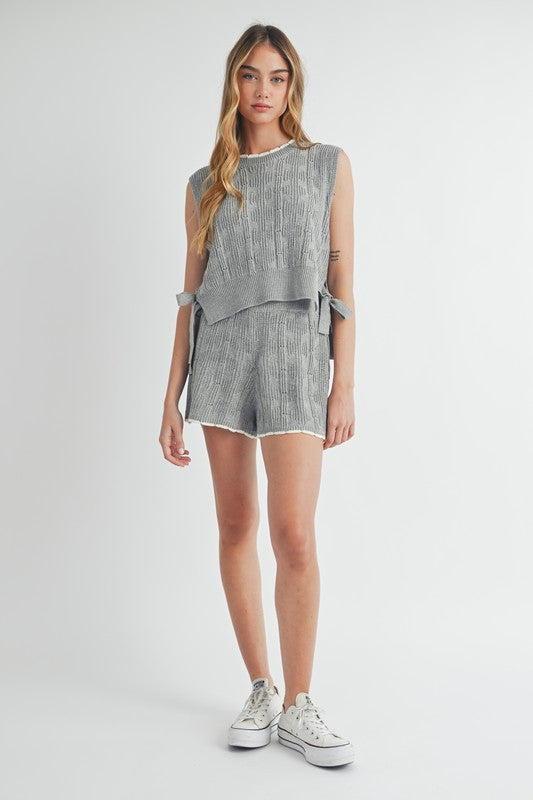 Grey Side Tie Knit Vest & Short Set