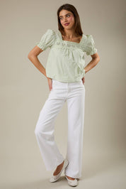 Green Square Neck Eyelet Blouse