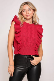 Red Ruffle Sleeve Cable Knit Sweater