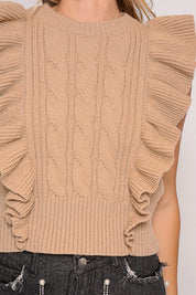 Beige Ruffle Sleeve Cable Knit Sweater