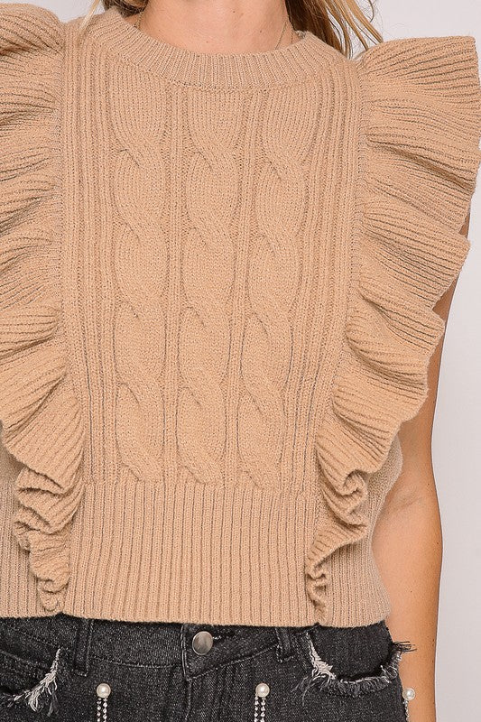 Beige Ruffle Sleeve Cable Knit Sweater