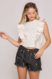 Ivory Ruffle Sleeve Cable Knit Sweater