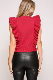 Red Ruffle Sleeve Cable Knit Sweater