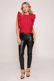 Red Ruffle Sleeve Cable Knit Sweater