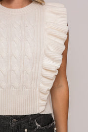 Ivory Ruffle Sleeve Cable Knit Sweater