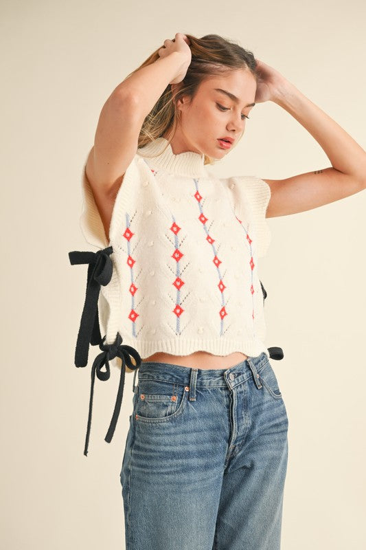 Cream Embroidered Knit Scallop Vest